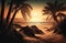 Sea beach with sand and palm trees at sunset, generative AI