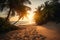 Sea beach with sand and palm trees at sunset, generative AI