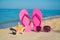 The sea, beach, sand and women\'s accessories: pink flip-flops, sunglasses and starfish