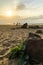 Sea beach, silhouettes of girls in the background, swimming at dawn, waves, sea foam, storm, summer season