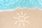 Sea Beach and Soft wave of blue ocean. Summer day and sandy beach background with painted smiling sun as shape lines on sand.