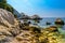 Sea beach with stones and rocks, Beausoleil, Nice, Nizza, Alpes-Maritimes, Provence-Alpes-Cote d `Azur, Cote d `Azur, French Rivie