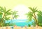 Sea beach. Summer seascape. Far away is the ocean horizon. Calm weather. Jungle palm trees. Seashells and shell close up