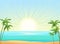 Sea beach. Summer seascape. Far away is the ocean horizon. Morning sun rise. Calm weather. Flat style illustration