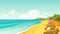 Sea beach and sun loungers. Seascape, vacation banner. Cartoon vector illustration