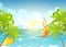 Sea beach and sun loungers. Seascape, vacation banner with sailing ships, palms and clouds. Cartoon vector illustration