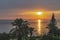 Sea beach with sunset in the background. In the foreground palm trees, cypress and greenery.