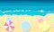Sea beach. Top view of summer beach with colorful umbrellas. Ocean with waves and sandy shoe. Vector illustration.