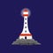 Sea beacon or lighthouse shining at night, flat cartoon vector illustration.