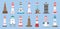 Sea beacons. Coast lighthouse with searchlight beam. Cartoon navigation tower for sailing ship. Marine lighthouses on