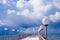 sea and blue sky. Sea birds sitting on pier. winter beach. Winter scene