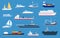 Sea boats. Fishing and cargo ships, yacht, shipping boat, cruise ocean liner, motorboat and military warship. Sailboat
