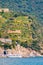 Sea boats near the rocky coastline with vineyard, olive leveled terraces on green mountains in Monterosso Al Mare, Cinque Terre,