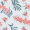 Sea buckthorn branch with ripe berries, berries and leaves, pastel colors palette, seamless pattern design on soft gray backgroun