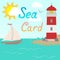 Sea card with lighthouse and sailboat. Flat style. Vector