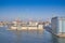 Sea cargo port, view of the water area and moorings with cranes, Sunrise early in the morning