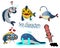 Sea characters vector, squid, fish, whale crying, fish with emotions, characters for comic book, for stickers.