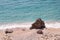 Sea coast and beach with rocks, rocky coastline, blue sea, good sunny day. Summer trip. Beautiful Greece. Most beautiful beach.