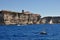 A sea coast in Corsica, Corse, France Europe with cliffs and small town