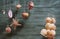 Sea composition with ship, seashells, copy space on wooden background.