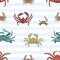 Sea crab vector seamless pattern. Aquatic animals, marine crayfish species on striped background. Restaurant seafood
