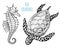 Sea creature cheloniidae or green turtle and seahorse. engraved hand drawn in old sketch, vintage style. nautical or