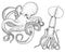 Sea creature octopus and squid. calamari engraved hand drawn in old sketch, vintage style. nautical or marine, monster