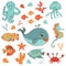 Sea creatures doodles set