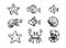 Sea creatures line art, fish, shell crabs, star-fish illustrations