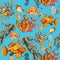 Sea creatures sketch colored seamless pattern