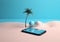 sea cyber holiday concept phone creative sand palm up summer mock. Generative AI.