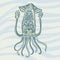 Sea dweller squid in cartoon style on the background of sea wave