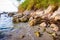 Sea erosion of rugged cliffs on sandy coastline