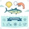 Sea Farming vector illustration collection with marine life elements and outline icon set. Aquaculture industry.