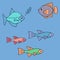 Sea fish. Inhabitants of the ocean and aquarium. Vector collection of illustrations. Isolated blue background. Cartoon style.