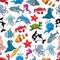 Sea fish and ocean animals vector cartoon pattern