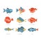 Sea fish set, tuna, salmon, fugu, flounder, dorado, sea bass, anchovy, mackerel, hake vector Illustrations on a white