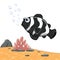 Sea fish swimming and blowing bubbles. Cartoon black fish isolated on sea landscape. Marine underwater world with plants on sand