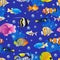 Sea fishes collection on blue water background. Vector seamless pattern. Cartoon aquarium kids textile print design