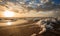 Sea foam on the beach at sunset