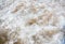 Sea foam on a sandy beach. Raging sea foam water background