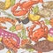 Sea Food Hand Drawn Seamless Pattern. Background with Octopus, Crab and Lobster
