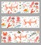 Sea food horizontal banner, flat style. Seafood template for your design.