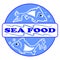 Sea food label or billboard with two cute fish cartoons. Designed in blue circle with inscription Sea food. Eps 10 . Useful
