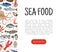 Sea food landing page. Flounder, mussel, mackerel, lobster, oyster, octopus sea products for restaurant menu web banner