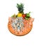 Sea food with Mussels, shrimp, crab and vegetables like bell peppers, lettuce, and pineapples are placed in an orange clay parcel