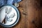 Sea food place setting on wooden table with copy space