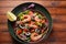 Sea food salad with shrimps, avocado, cherry tomatoes, red hot chilly pepper, red onion, arugula, beet leaves,rukola.balsamic sauc