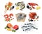 Sea food set collection Vector realistic. Salmon steak, Crabs, fish, shrimps and caviars