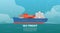 Sea freight cargo container sailing ship cartoon vector illustration. Seagoing freight transport with loaded container